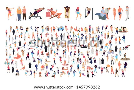 Crowd of flat illustrated people. Dancing, surfing, traveling, walking, working, playing, doing sport, fashion people, Arab, couple , doctors set. Vector big set Royalty-Free Stock Photo #1457998262