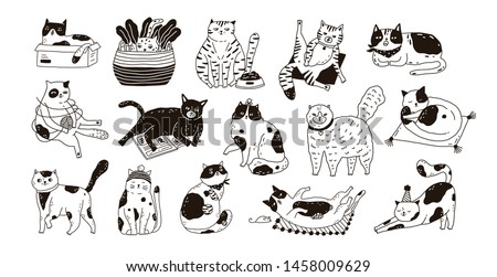 Collection of cute funny cats sitting, washing, stretching itself, playing. Bundle of adorable purebred pet animals hand drawn with contour lines on white background. Monochrome vector illustration.