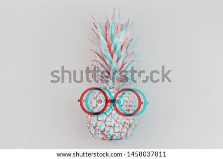 Funny black and white pineapple face with glasses on gray background with glitch effect. Back to school or sale school stationery concept template
