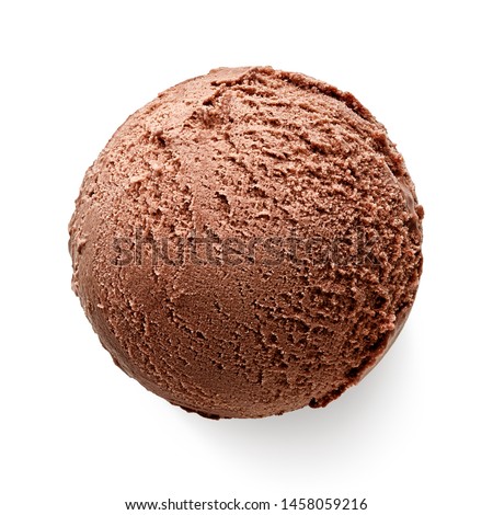 One single chocolate ice cream ball or scoop isolated on white background. Top view