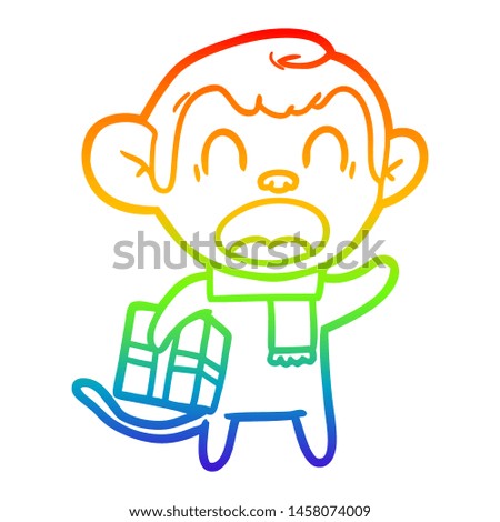 rainbow gradient line drawing of a shouting cartoon monkey carrying christmas gift