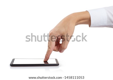 Hands touching a smartphone, isolated on white background