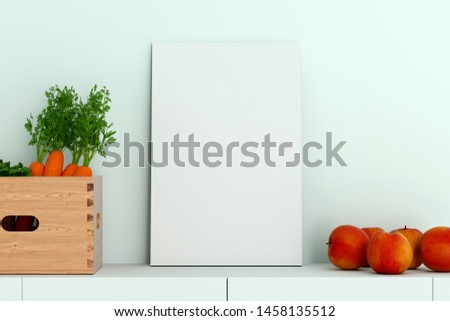 Blank picture frame template in mint blue living room with apple and carrot crate on table