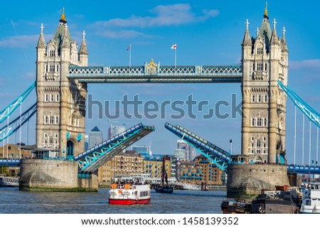 Close-up view of the famous landmark of London Tower Bridge with open gates in England, UK