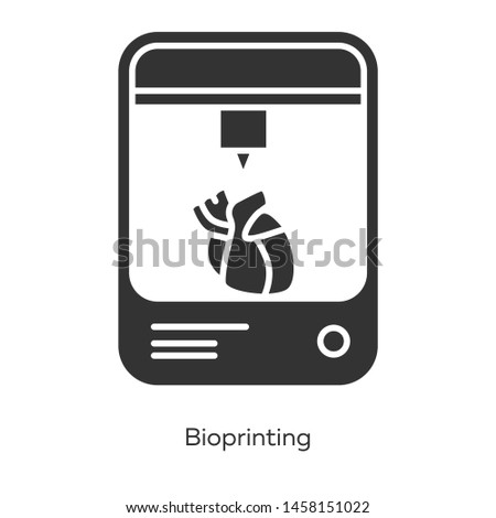 Bioprinting glyph icons set. Artificial heart 3d printing. Living organs producing. Medical technologies. Bioengineering. Silhouette symbols. Vector isolated illustration