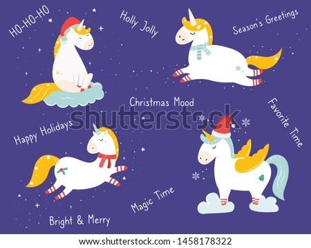 Christmas holiday set with hand drawn unicorns. Collection of card and tags with cute characters
