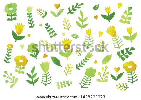 Floral set, bright fresh yellow meadow doodle clip art kit on white background