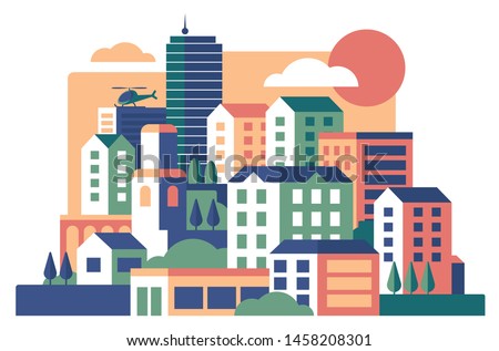 City buildings flat vector illustration. Townhouse, condominium. Apartment houses. Cityscape, flying helicopter over multi-storey structures. Skyscrapers, city street with various urban buildings Royalty-Free Stock Photo #1458208301