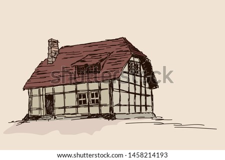 Old rustic wooden house in the mountains. Drawing sketch isolated on beige background.