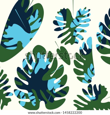 Colorful light blue tropical leaves vector illustration. Botanical jungle background cover design