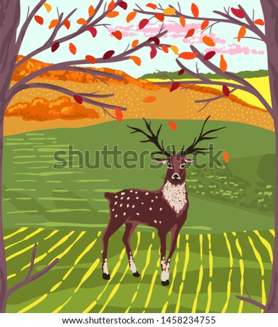 Autumn cute vector illustration of a deer on the landscape.