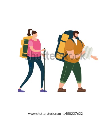 Tourists cute couple with map and backpacks performing outdoor touristic activity. Adventure travel, hiking walking trip tourism wild nature trekking. Flat cartoon colorful vector illustration