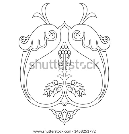 Isolated vector illustration. Symmetrical vintage floral decor with grape motifs. Black and white linear silhouette.
