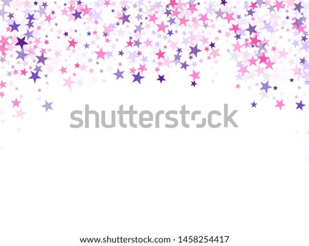 Flying stars confetti holiday vector in pink violet purple on white. Christmas banner decoration. Cool flying stars scatter background. New year festive sparkles design.