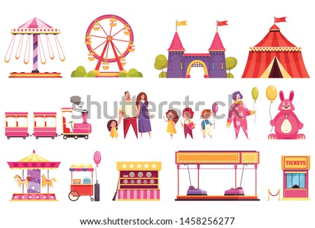 Amusement park isolated icons set of autodrome train carousel medieval castle attractions circus tent and visitors cartoon vector illustration Royalty-Free Stock Photo #1458256277