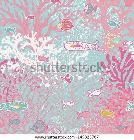 Cute seamless pattern with small fishes and corals. Vector background with pink coral reef, diving illustration.
