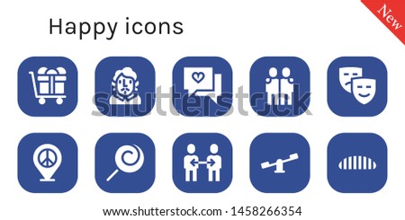 happy icon set. 10 filled happy icons.  Simple modern icons about  - Gift, Becquer, Love, Hugging, Masks, Peace, Lollipop, Friendship, Swings, Caterpillar