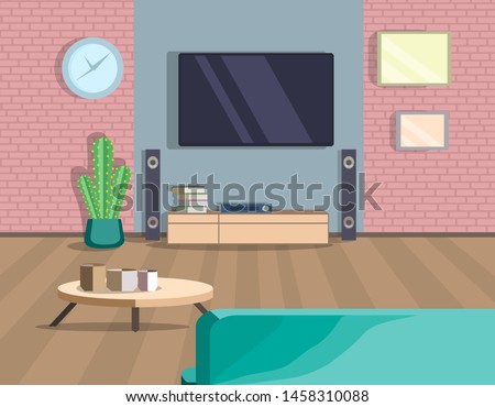 Room design in loft style with a plasma, desk, clock, paintings and a sofa. Flat style vector illustration.