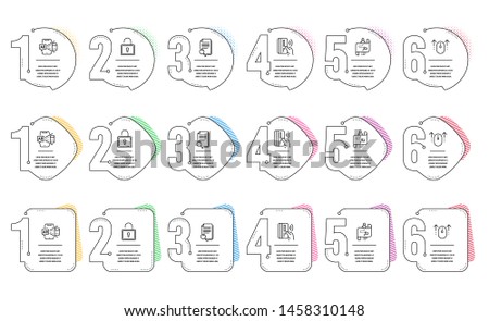 Search file, Journey path and Swipe up line icons set. Infographic timeline. Lock, Augmented reality and Contactless payment signs. Find document, Project process, Scrolling page. Vector