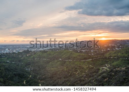 Beautiful sunset over Los Angeles and Hollywood Hills seen from Griffith Observatory