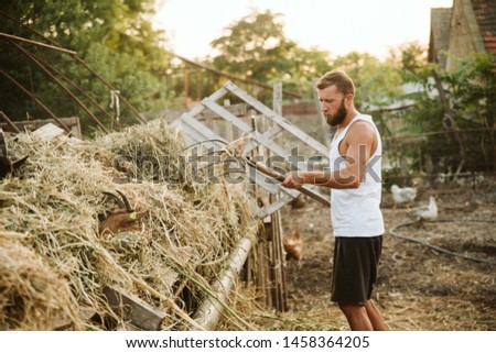 A young handsome farmer with pitchfork in his hands collects hay