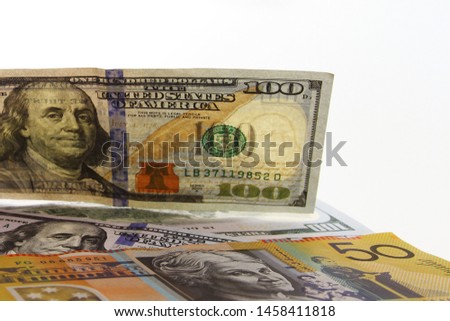 Australia fifty dollars and Hundred United States Dollar on white background