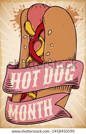 Retro design with ribbon promoting Hot Dog Month and delicious hotdog in hand drawn style with sesame seeds, mustard and ketchup, painted with brush strokes and splashes to enjoy during this event.