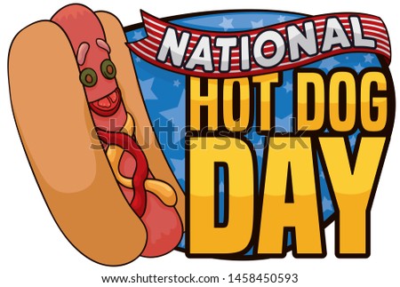 Funny and delicious hotdog decorated with tomato like tongue and olives like eyes, mustard and ketchup, patriotic striped ribbon and starry sign to celebrate National Hot Dog Day.