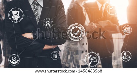 Quality Assurance and Quality Control Concept - Modern graphic interface showing certified standard process, product warranty and quality improvement technology for satisfaction of customer. Royalty-Free Stock Photo #1458463568