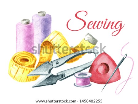 Sewing concept, spool of thread, scissors, measuring tape. Watercolor hand drawn illustration isolated on white background