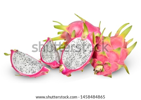 Dragon fruit (Pitahaya) of gruop and and half slice fresh isolated on white background view with clipping path. Cut out of Fruits for good healthy.