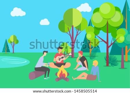Friends spending time vector, summer vacation together in park camping near campfire, people playing guitar outdoor activity, happy weekend with friend, summertime by bonfire. Flat cartoon