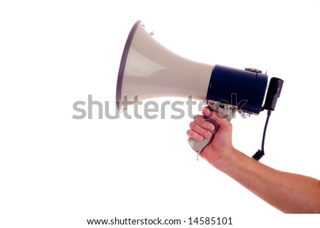 A caucasian hand holding a megaphone on a white background