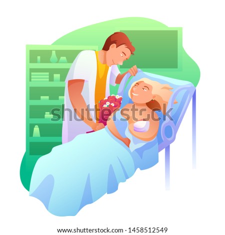 Woman after giving birth flat vector illustration. Husband visiting wife with flowers cartoon characters. Happy parents, family with newborn baby. Woman after labour in hospital, childbirth