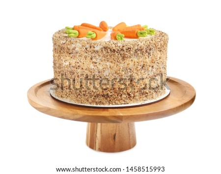 Stand with tasty carrot cake isolated on white