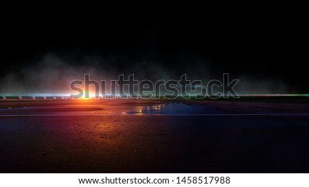 Wet asphalt, reflection of neon lights, a searchlight, smoke. Abstract light in a dark empty street with smoke, smog. Dark background scene of empty street, night view, night city. Royalty-Free Stock Photo #1458517988