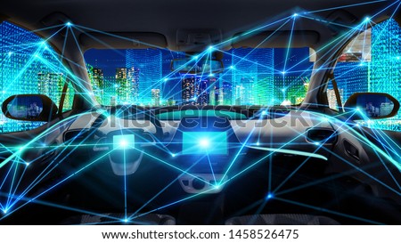 Interior of autonomous car. Driverless vehicle. Self driving. UGV. Advanced driver assistant system. Royalty-Free Stock Photo #1458526475