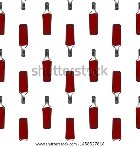 Wine bottle, glass. Vector in doodle and sketch style. Isolated on white background, seamless pattern