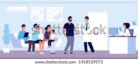 Patients in doctors waiting room. People wait hall in clinic at hospital reception, hospitalized persons, healthcare vector concept. Medical hall interior, clinic reception illustration Royalty-Free Stock Photo #1458529973