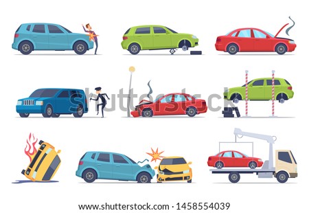 Accident on road. Car damaged vehicle insurance transportation theif repair service traffic vector pictures collection. Illustration of crash vehicle, damage auto Royalty-Free Stock Photo #1458554039