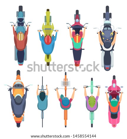Bicycle top view. People driving bike in helmet riders moped and cycle road traffic vector illustrations. Motorcycle and moped, motorcyclist traffic, scooter and motorbike
