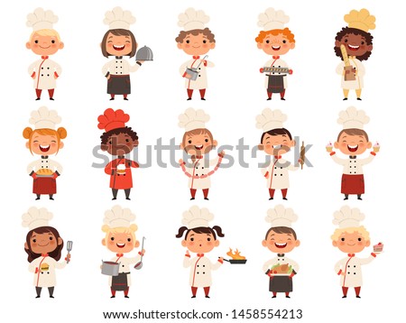 Cooking childrens. Little funny laugh kids making food profession chef vector boys and girls. Girl and boy funny cook delicious food illustration Royalty-Free Stock Photo #1458554213