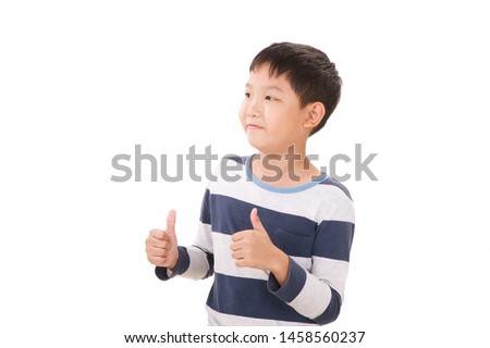 Asian boy Thump up Pose Isolated on White Background. Side Pose.