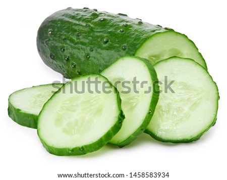 Cucumber and slices isolated on white background. Cucumber Clipping Path. Professional food photos Royalty-Free Stock Photo #1458583934
