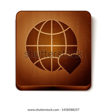 Brown The heart world - love icon isolated on white background. Wooden square button. Vector Illustration