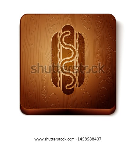 Brown Hotdog sandwich with mustard icon isolated on white background. Sausage icon. Street fast food menu. Wooden square button. Vector Illustration