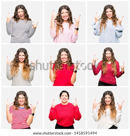 Collage of beautiful young woman wearing different looks over white isolated background shouting with crazy expression doing rock symbol with hands up. Music star. Heavy concept.