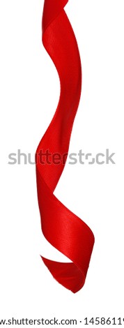 Curly vertical red ribbon isolated on white background