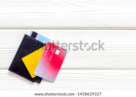 business with credit cards and wallet on office desk white wooden background top view mockup