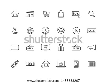 Set of 24 E-commerce and shopping web icons in line style. Mobile Shop, Digital marketing, Bank Card, Gifts. Vector illustration. Royalty-Free Stock Photo #1458638267